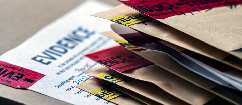 Stack of brown envelopes sealed at the top with red and yellow labels that read “evidence.”